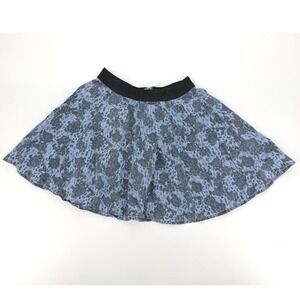 H&M Divided Blue Floral Leopard Denim Skirt Faux Leather Trim Size 2 Mini Skater